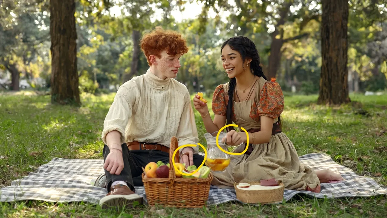 Carter and Maya sit talking on a picnic blanket in a park, with yellow circles drawn around their misshapen hands.