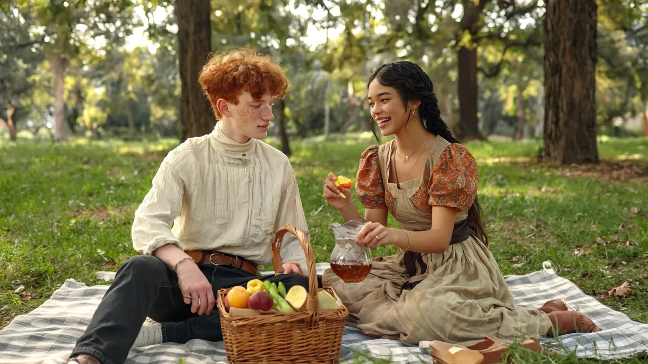 Carter and Maya sit talking on a picnic blanket in a park, a basket of fruit between them and their hands rendered cleanly.