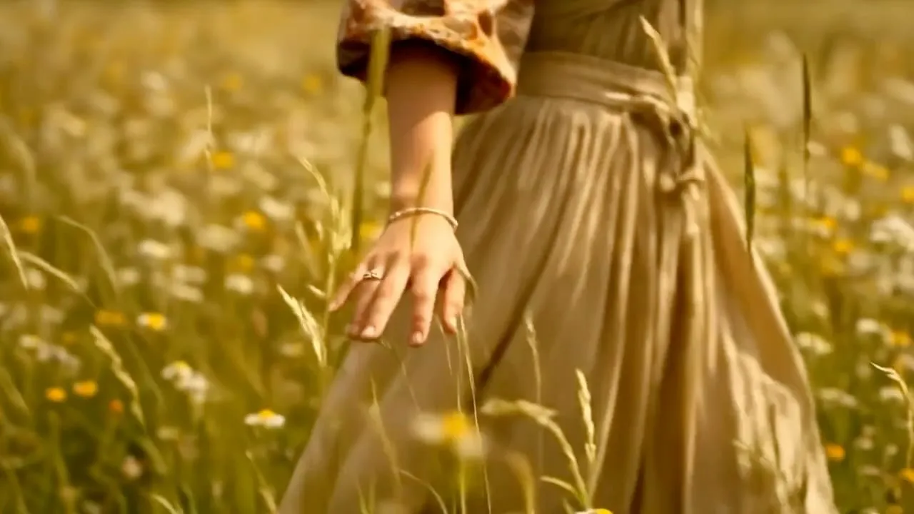 A woman's hand trails through tall sunlit grass and daisies as she walks past.