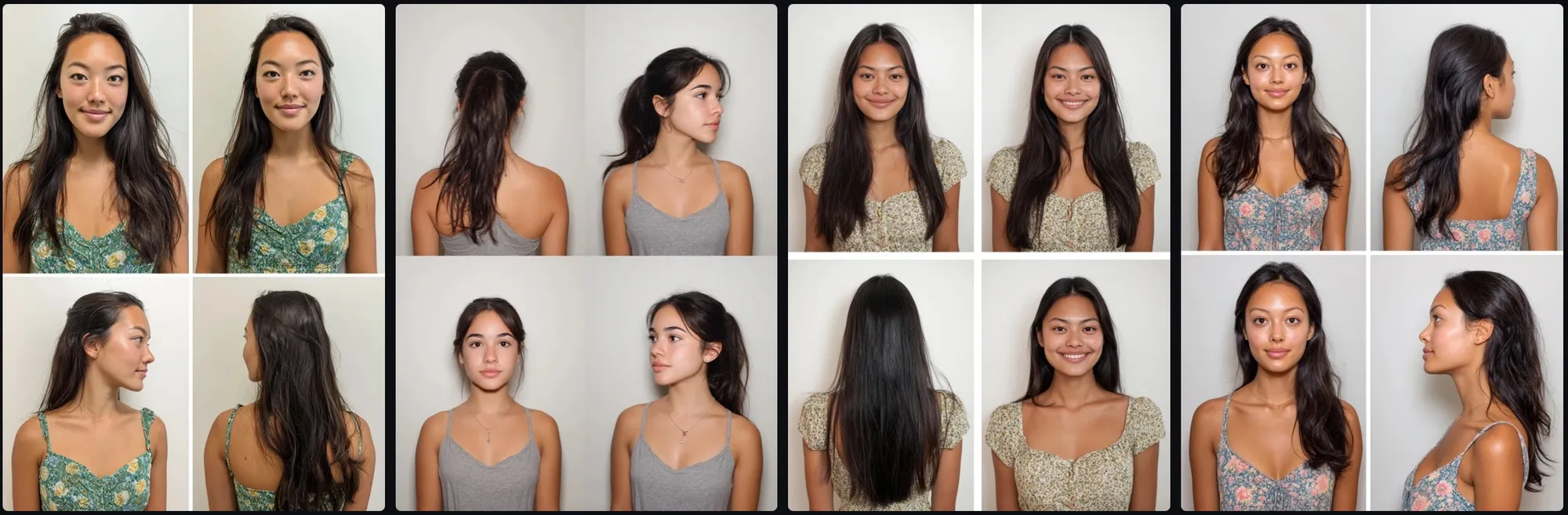 A Midjourney grid of four photographic character sheets showing a dark-haired young woman from multiple angles.