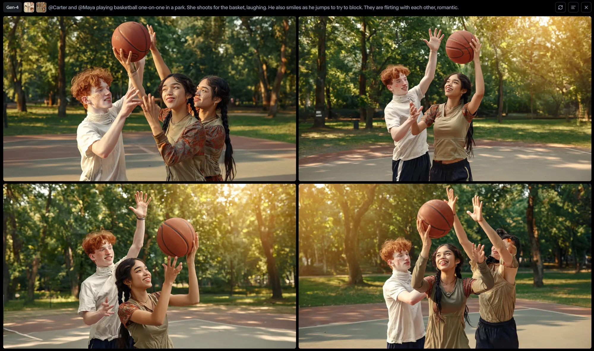 Four Runway results of Carter and Maya playing basketball, several spoiled by extra people and distorted hands.