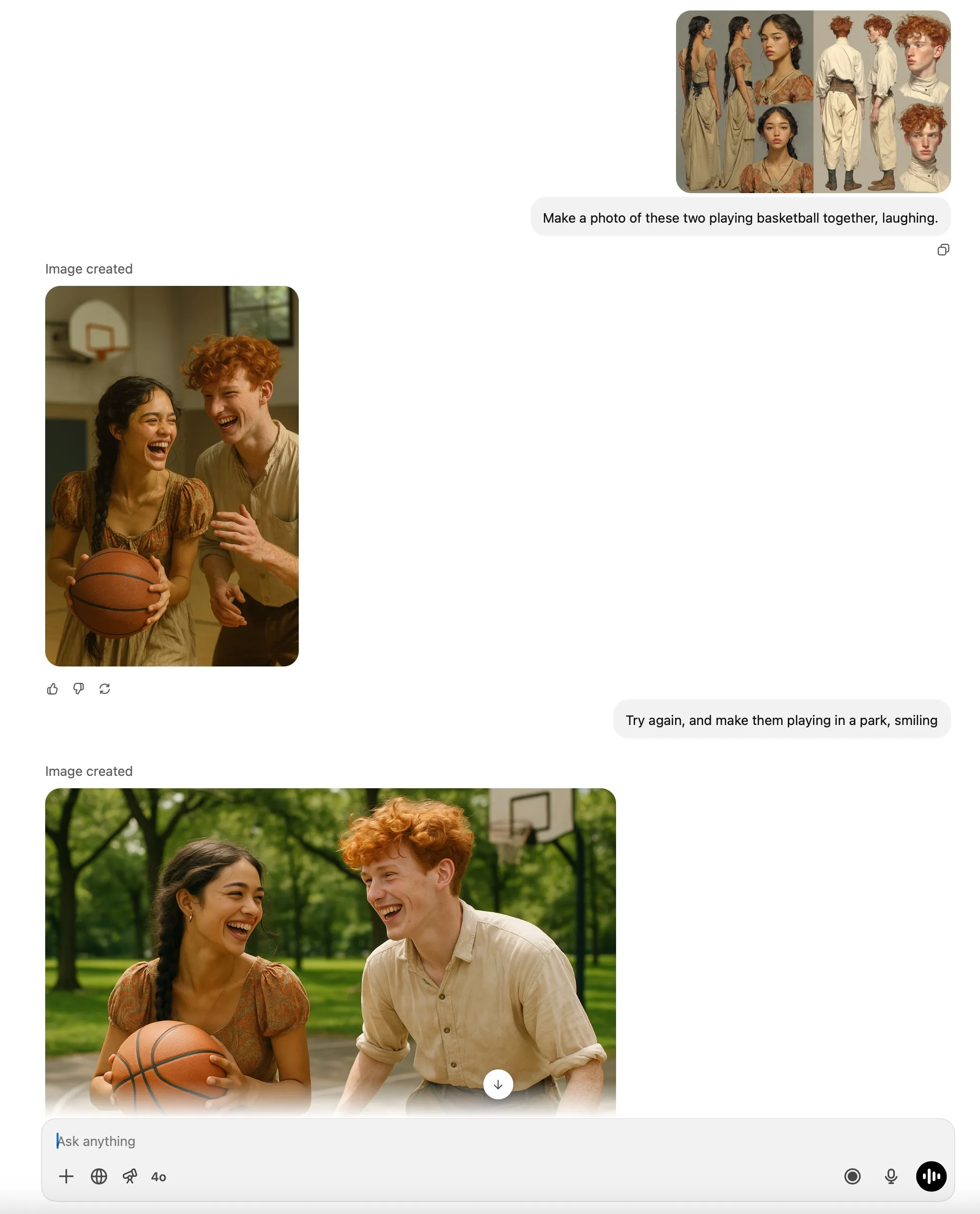 A ChatGPT conversation producing two images of Carter and Maya laughing together with a basketball, the second set in a park.