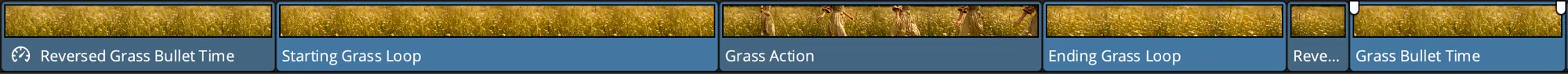 A DaVinci Resolve timeline of grass clips laid end to end, labelled Reversed Grass Bullet Time, Starting Grass Loop, Grass Action, Ending Grass Loop and Grass Bullet Time.