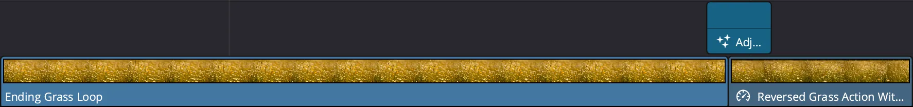 A DaVinci Resolve timeline with an adjustment clip on the track above, positioned over the join between the Ending Grass Loop and Reversed Grass Action clips.