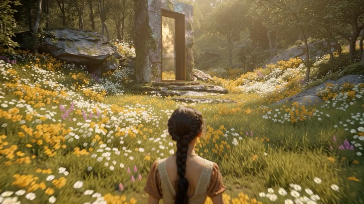 Maya stands with her back to us in a meadow of wildflowers, facing a tall stone doorway glowing among the trees.