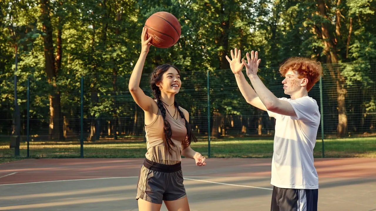 Maya raises a basketball to shoot on an outdoor court while Carter reaches up to block her.