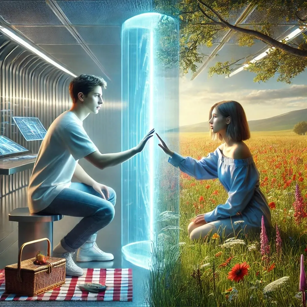 Carter sits in a futuristic lab and presses his palm to a glowing blue barrier; on the other side Maya kneels in a sunlit wildflower meadow and presses her palm to meet his.