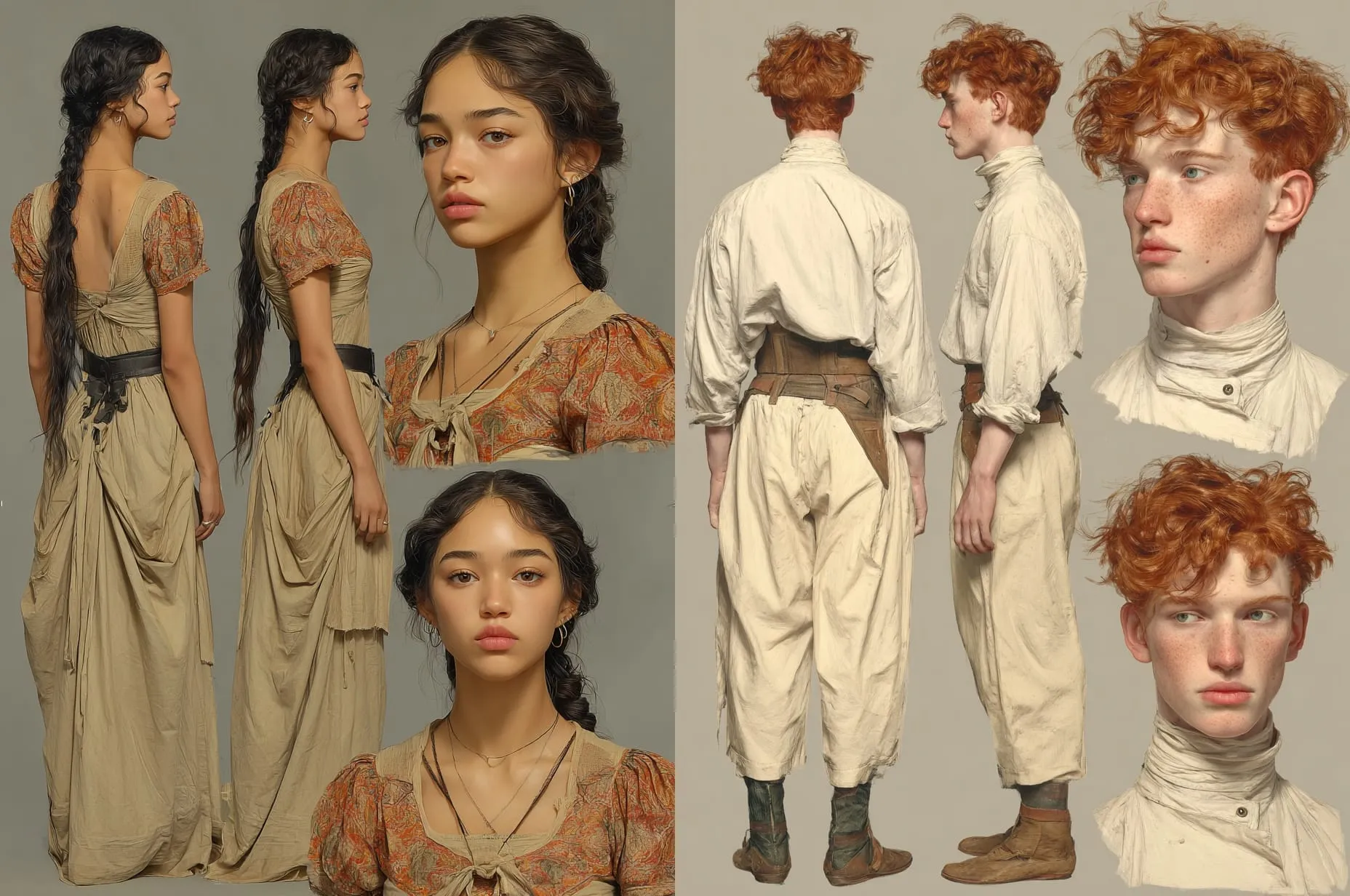Two character reference sheets side by side: Maya in a long tan dress with a patterned bodice, and Carter with red curly hair in a cream shirt, each shown from several angles.