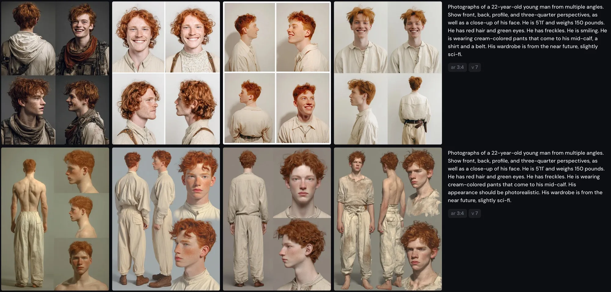 A Midjourney results grid of photographic character sheets of the red-haired young man, with the prompt text printed beside each set.