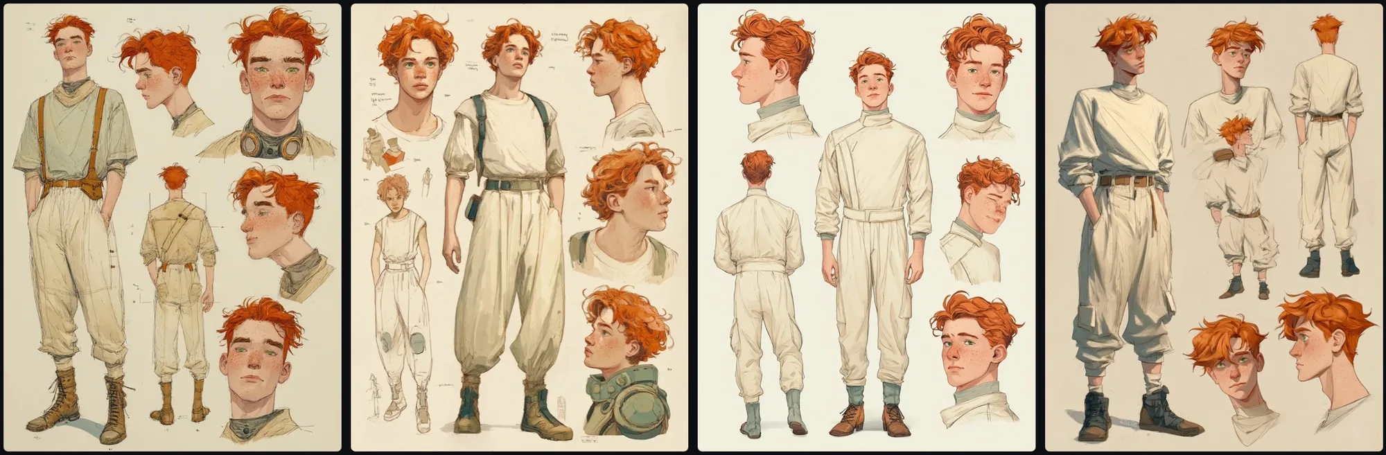A Midjourney grid of four painted character sheets, each showing a red-haired young man in cream period clothing from several angles.