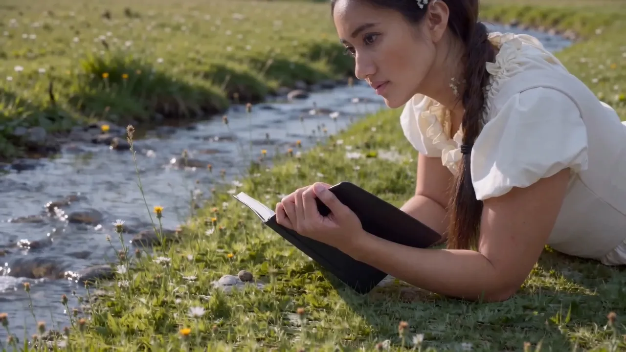 Karla Songbird as Maya, holding a book beside a stream in a sunlit meadow.
