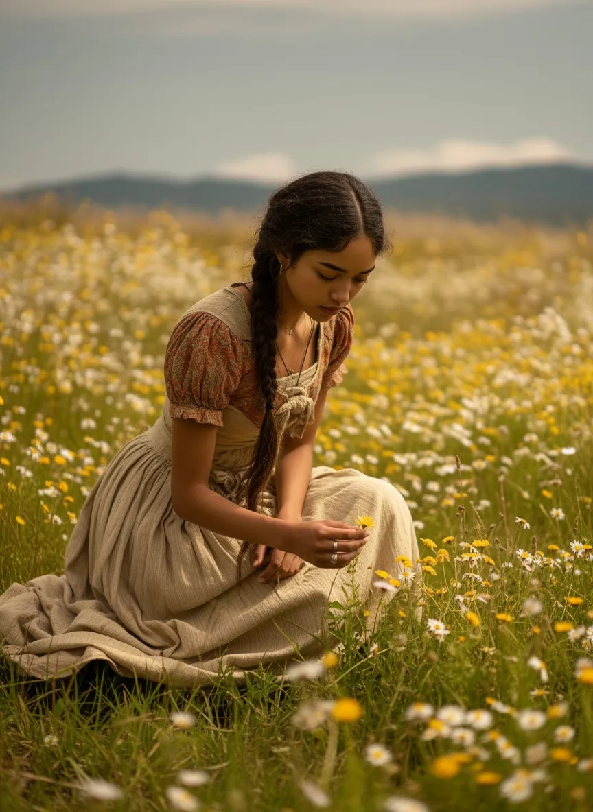 Maya kneels among daisies in a wide meadow with hills behind her, reaching down toward a flower.