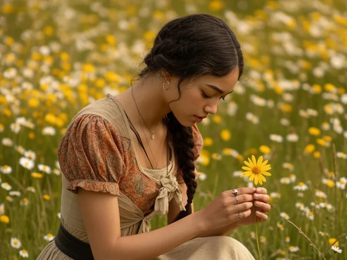 Maya kneels in a field of daisies, holding a single yellow flower and looking down at it.