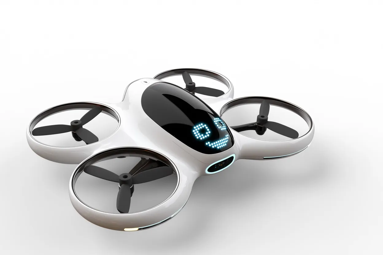 The same white drone fitted with toroidal propellers, a pale blue dot-matrix face glowing behind its black front panel.