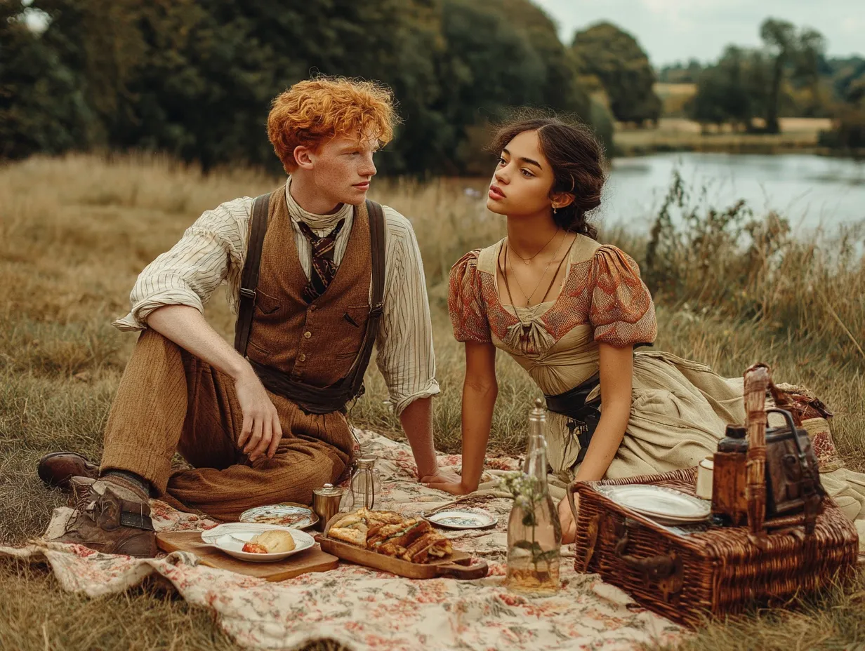 Carter and Maya picnic on a blanket beside a lake, bottles and a wicker hamper spread around them.