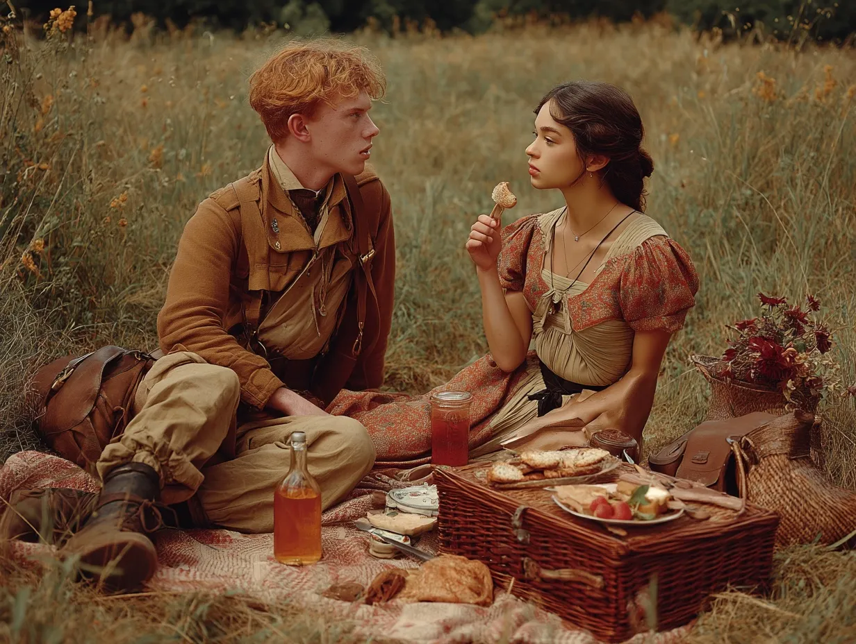 Maya lifts a flower to her face while Carter watches, the two of them sitting in tall grass beside a hamper.