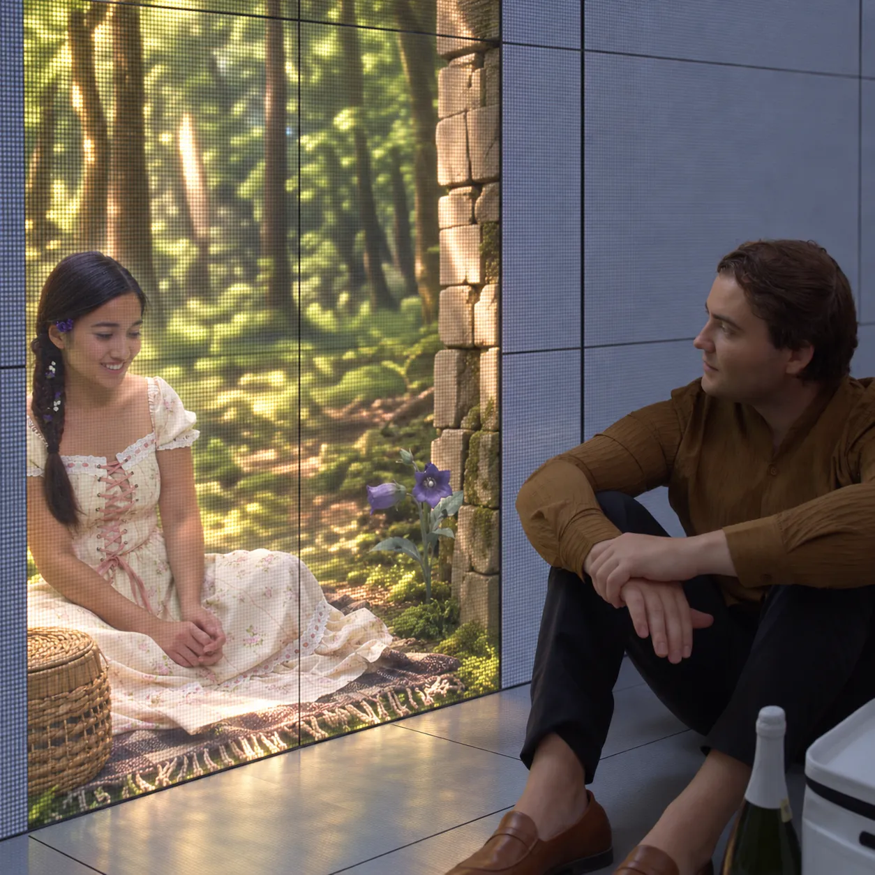 Two people share a quiet moment across a glass wall: a sunlit forest on one side and a futuristic room on the other.