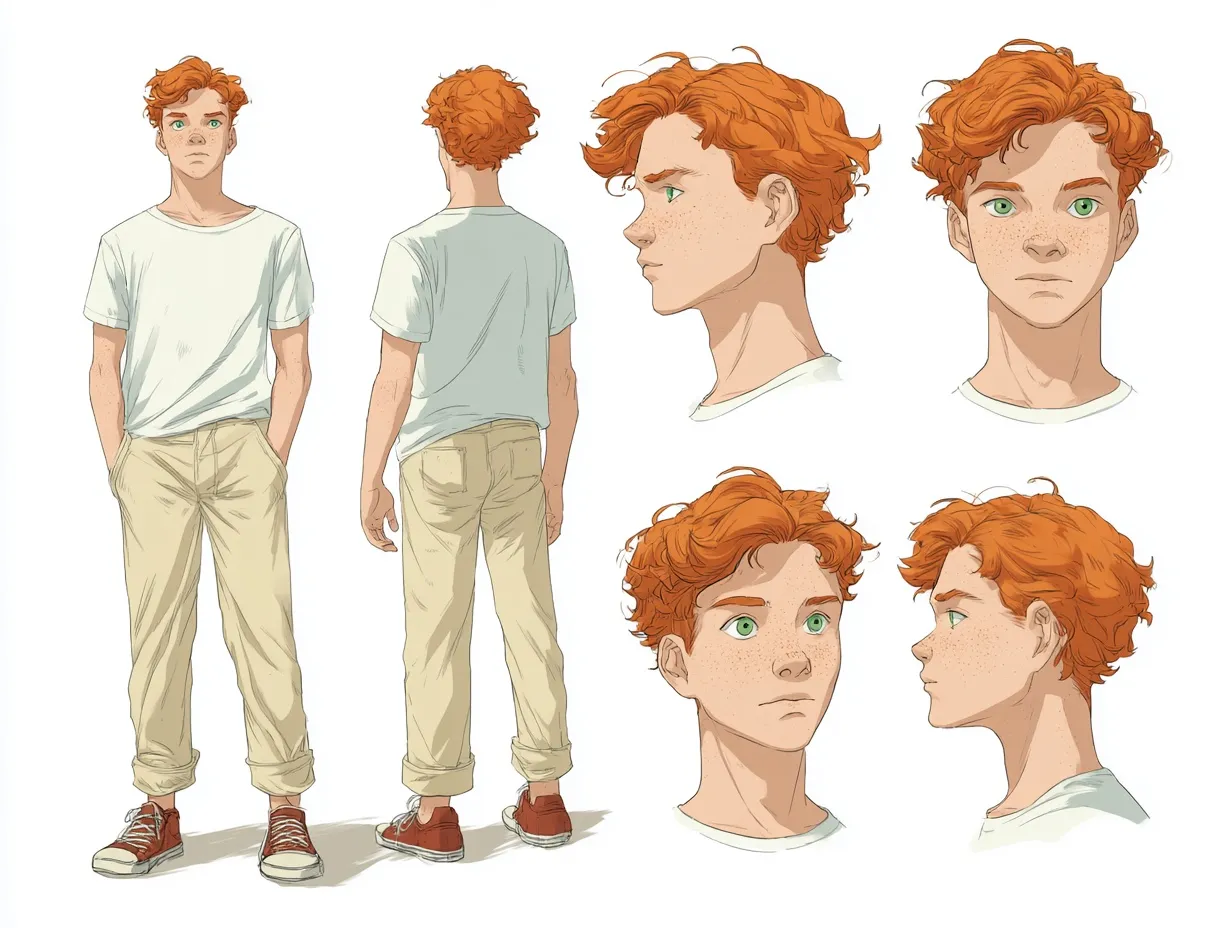 An illustrated character sheet of a young man with red curly hair in a white t-shirt and khaki trousers, shown front and back with four head studies.