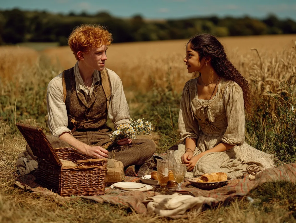 Carter and Maya sit talking on a blanket at the edge of a wheat field, a wicker hamper and bread between them.