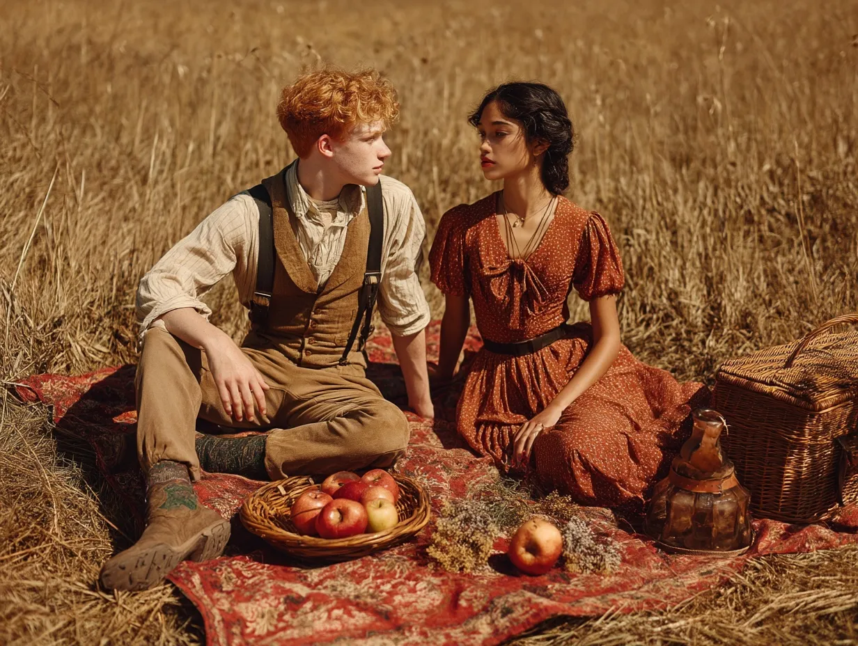 Carter and Maya sit facing each other on a patterned blanket in a dry golden field, a bowl of apples between them.