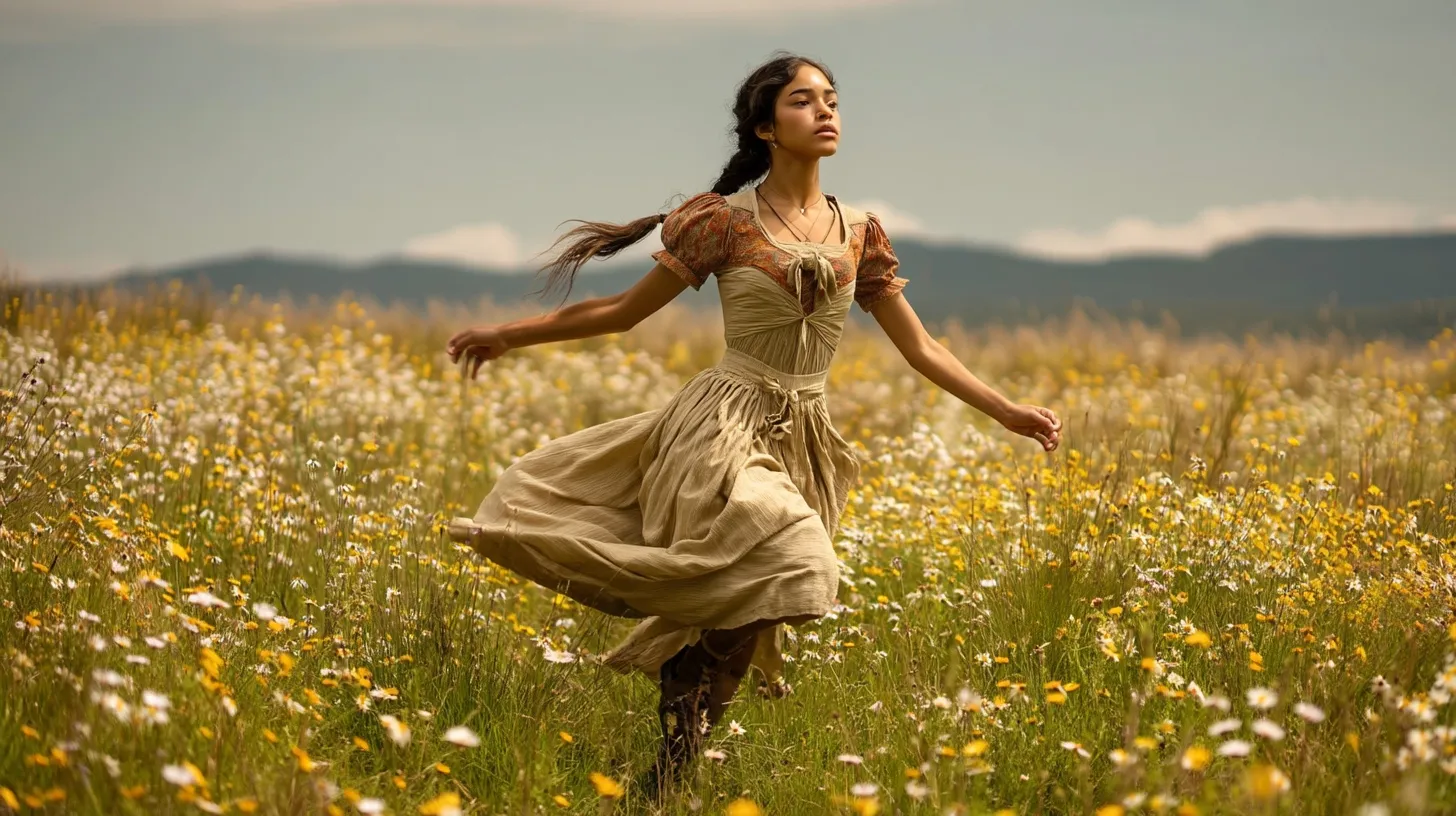 Maya dances barefoot through a wide meadow of wildflowers, arms outstretched and hair loose.