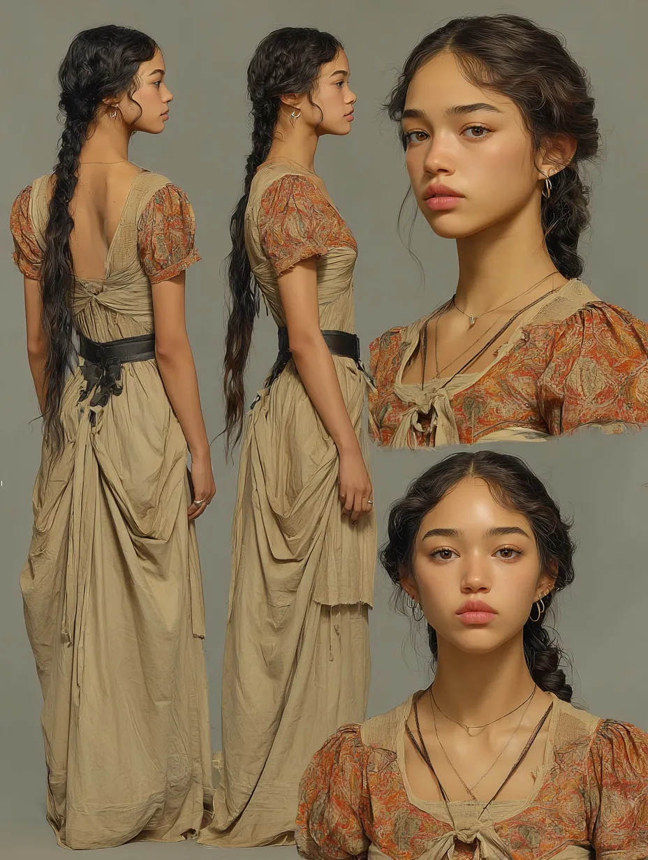 A photographic character sheet of Maya in a tan dress with a patterned bodice, shown from several angles.