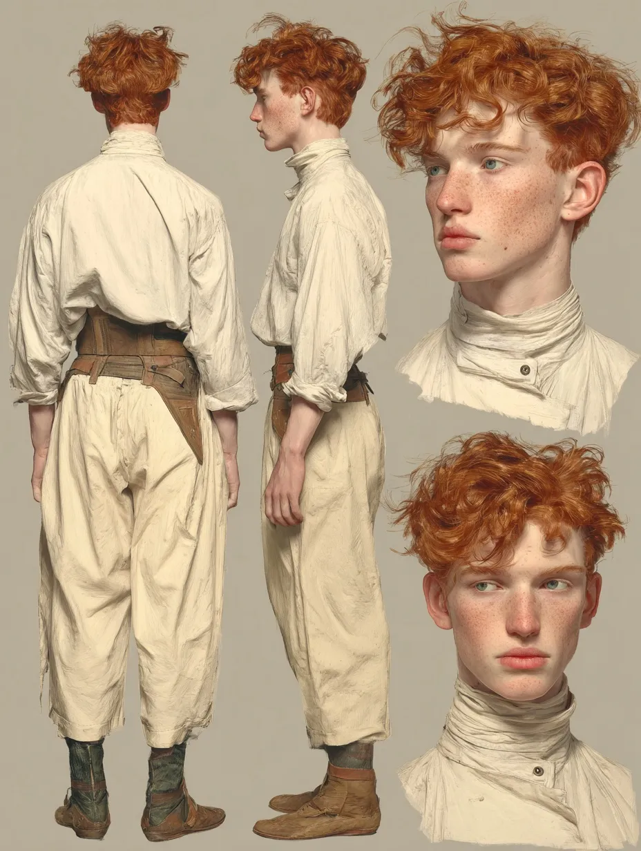 A photographic character sheet of Carter in a cream shirt and trousers: back view, side view, and two close portraits showing his freckles and red curls.