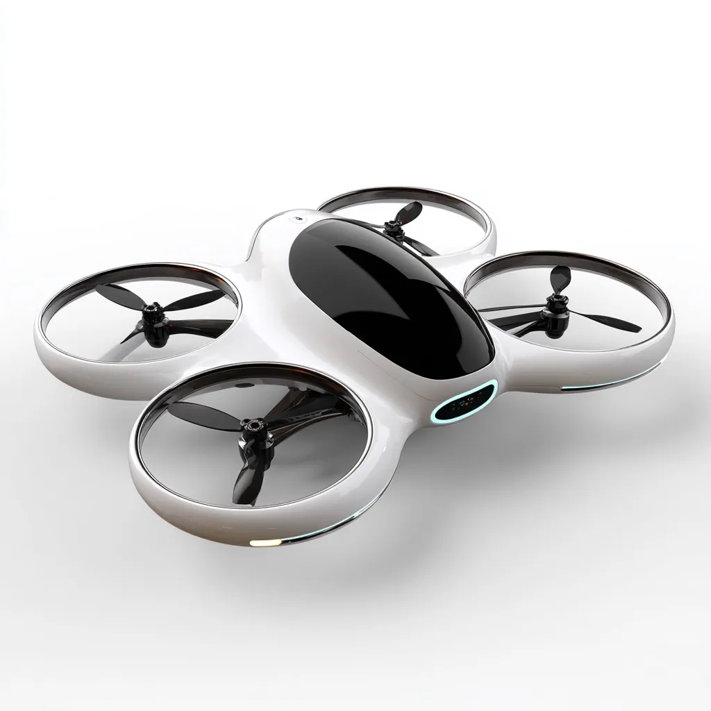 A white quadcopter drone with four ringed propellers and a glossy black front panel, on a plain background.